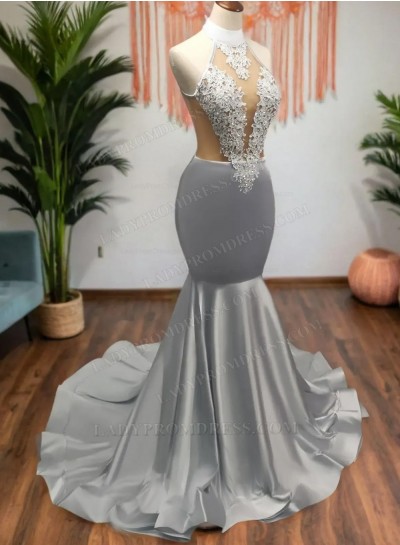 2025 Trumpet Silk Like Satin Halter Applique Sleeveless Sweep Train Prom Dresses