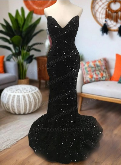 2025 Mermaid Sequins Sweetheart Sleeveless Sweep Train Prom Dresses