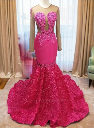 2025 Long Sleeves Mermaid Fuchsia Long Prom Dresses