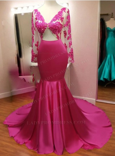 2025 Fuchsia Long Sleeves Mermaid Prom Dresses