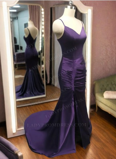 Grape Silk Like Satin Sweetheart Long Prom Dresses 2025 With High Slit