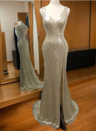 2025 Sheath V Neck Side Slit Champagne Sequence Prom Dresses