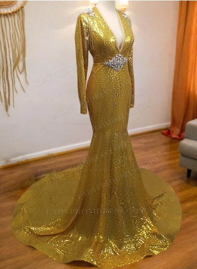 2025 Mermaid Gold V Neck Backless Long Sleeves Sequence African American Prom Dresses