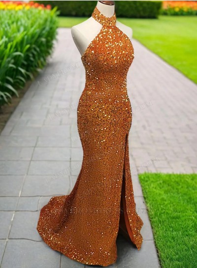 2025 Orange Sheath Sequins High Neck Sleeveless Sweep Train Prom Dresses
