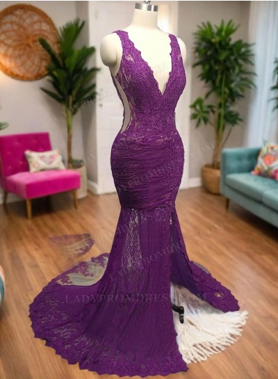 2025 Grape Mermaid V-neck Split Lace Prom Dresses