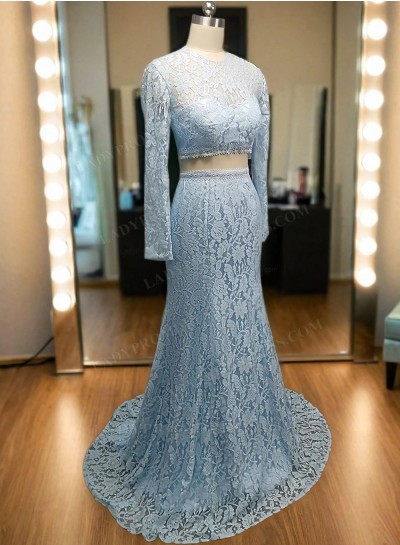 2025 Light Sky Blue Long Sleeve Mermaid/Trumpet Lace Two Pieces Prom Dresses