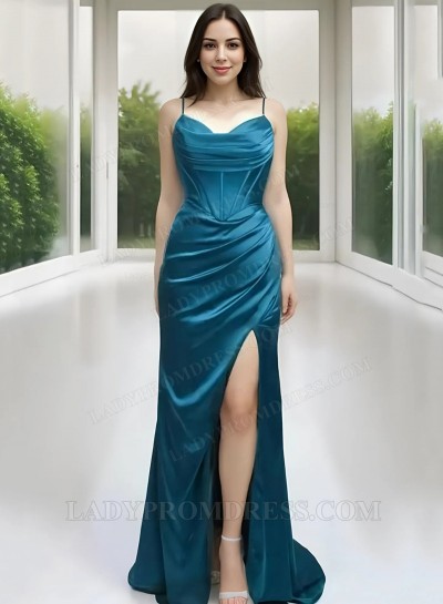 2025 Sheath Silk Like Satin Spaghetti Straps Blue Side Slit Corset Back Prom Dresses
