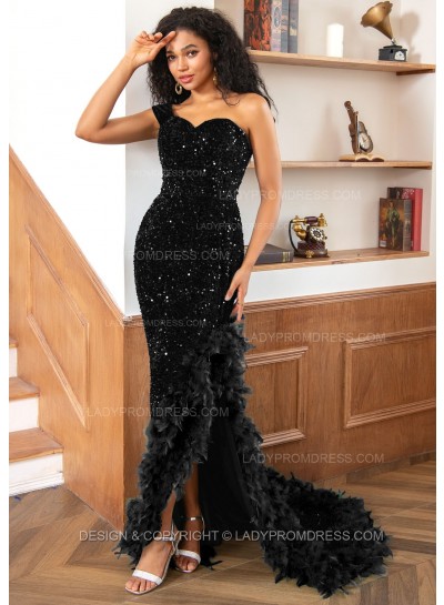 Black One Shoulder Sweetheart Sequence High Low Prom Dresses With Feathers