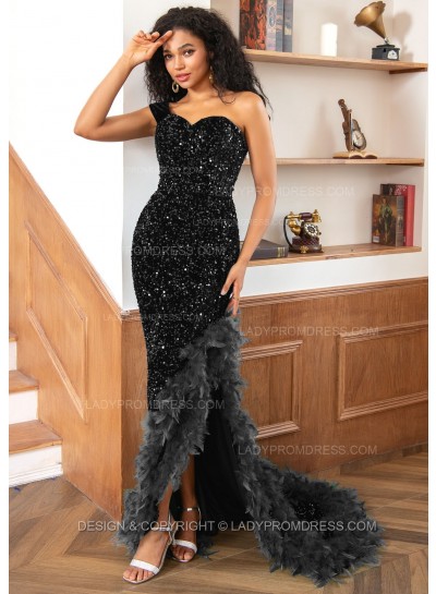 Grey One Shoulder Sweetheart Sequence High Low Prom Dresses With Feathers