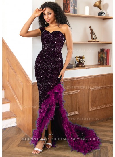 Grape One Shoulder Sweetheart Sequence High Low Prom Dresses With Feathers
