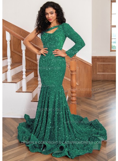 Emerald One Shoulder Sequence Mermaid Long Prom Dresses