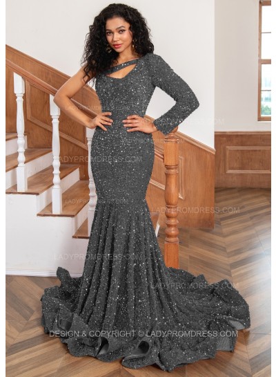 Grey One Shoulder Sequence Mermaid Long Prom Dresses