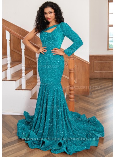 Jade One Shoulder Sequence Mermaid Long Prom Dresses