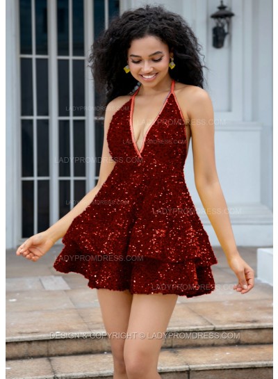 Burgundy Halter V-neck A-line Princess Backless Sequins Short Party Dresses