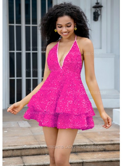 Fuchsia Halter V-neck A-line Princess Backless Sequins Short Party Dresses