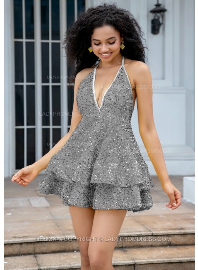 Grey Halter V-neck A-line Princess Backless Sequins Short Party Dresses