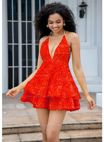 Red Halter V-neck A-line Princess Backless Sequins Short Party Dresses