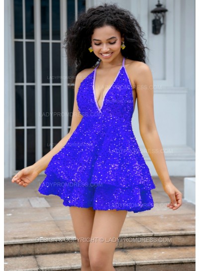 Royal Blue Halter V-neck A-line Princess Backless Sequins Short Party Dresses