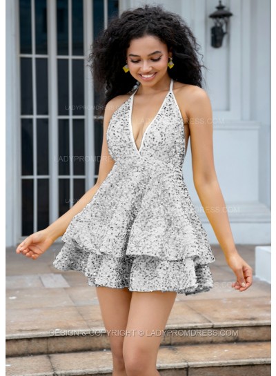 Silver Halter V-neck A-line Princess Backless Sequins Short Party Dresses
