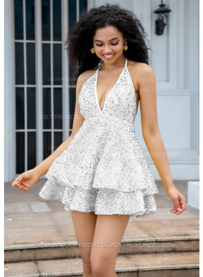 White Halter V-neck A-line Princess Backless Sequins Short Party Dresses