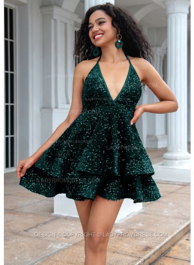 Dark Green A-line Princess Sequins Halter Sleeveless Backless Red Short Party Dresses