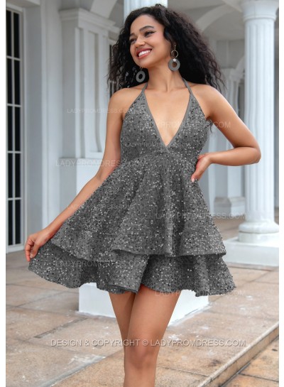Grey A-line Princess Sequins Halter Sleeveless Backless Red Short Party Dresses