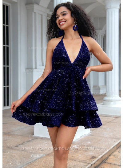 Dark Navy A-line Princess Sequins Halter Sleeveless Backless Red Short Party Dresses
