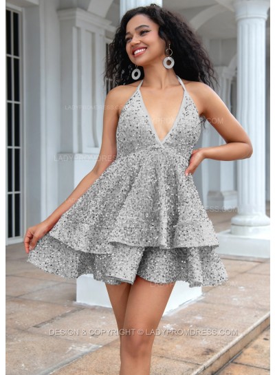 Silver A-line Princess Sequins Halter Sleeveless Backless Red Short Party Dresses