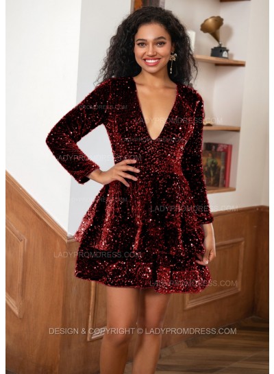 Burgundy A-line Princess Blue Sequins V-neck Long Sleeves Short Homecoming Dresses