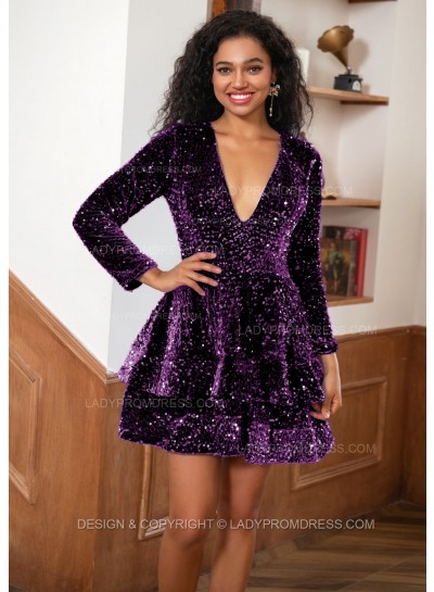 Grape A-line Princess Blue Sequins V-neck Long Sleeves Short Homecoming Dresses