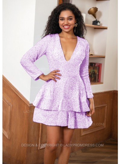 Lilac A-line Princess Blue Sequins V-neck Long Sleeves Short Homecoming Dresses