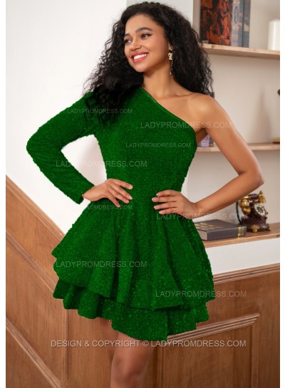 Dark Green One Shoulder Long Sleeve Sequins Pink Short Party Dresses