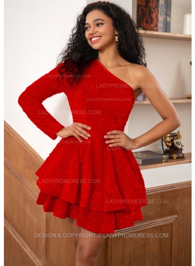 Red One Shoulder Long Sleeve Sequins Pink Short Party Dresses