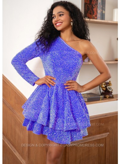 Royal Blue One Shoulder Long Sleeve Sequins Pink Short Party Dresses