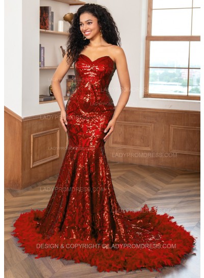 Coral Sweetheart Sequence Lace Zip Long Prom Dresses With Feathers