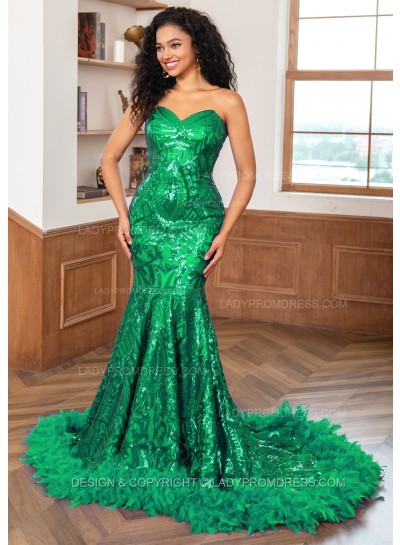 Green Sweetheart Sequence Lace Zip Long Prom Dresses With Feathers