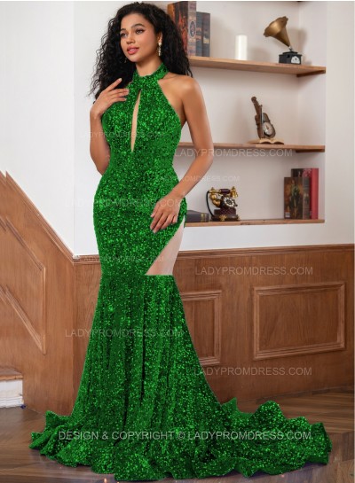 Emerald Sequence Long Scoop Long Sheath Prom Dresses 2025