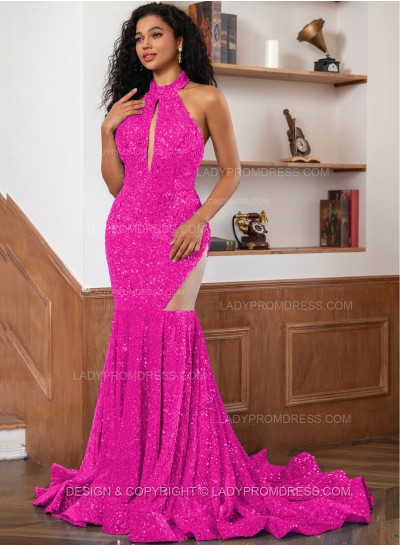Fuchsia Sequence Long Scoop Long Sheath Prom Dresses 2025