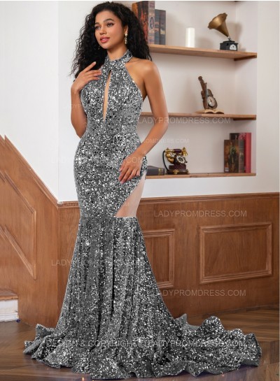 Grey Sequence Long Scoop Long Sheath Prom Dresses 2025
