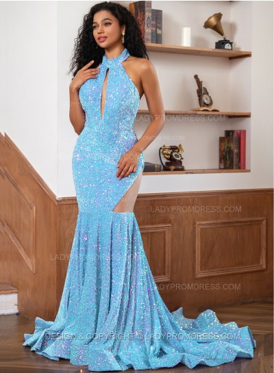 Light Sky Blue Sequence Long Scoop Long Sheath Prom Dresses 2025