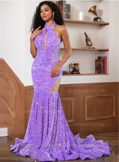 Lilac Sequence Long Scoop Long Sheath Prom Dresses 2025
