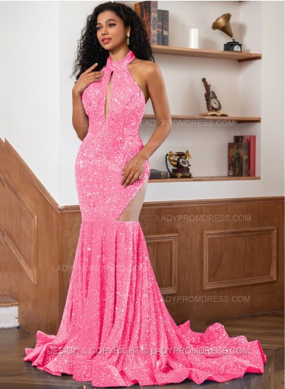 Pink Sequence Long Scoop Long Sheath Prom Dresses 2025