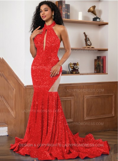Red Sequence Long Scoop Long Sheath Prom Dresses 2025