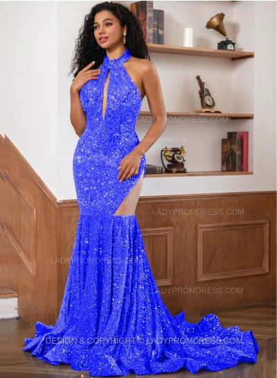 Royal Blue Sequence Long Scoop Long Sheath Prom Dresses 2025