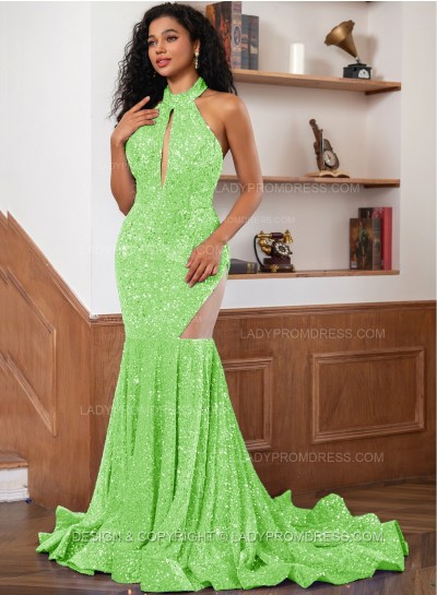 Sage Sequence Long Scoop Long Sheath Prom Dresses 2025