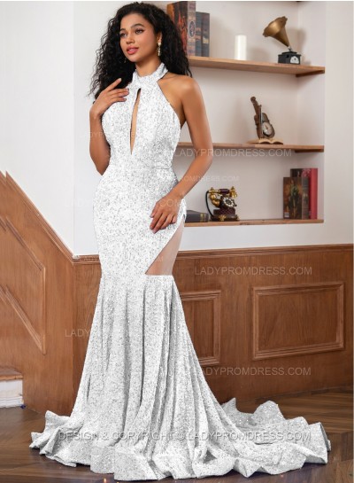 White Sequence Long Scoop Long Sheath Prom Dresses 2025