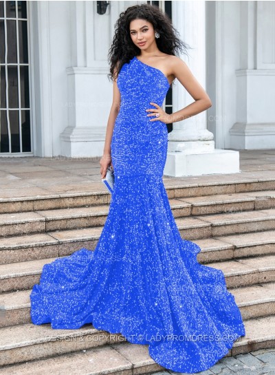 Blue Mermaid Sequence One Shoulder Long Prom Dresses 2025