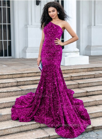 Fuchsia Mermaid Sequence One Shoulder Long Prom Dresses 2025