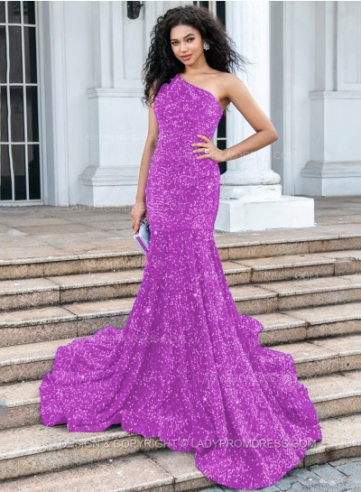 Lilac Mermaid Sequence One Shoulder Long Prom Dresses 2025