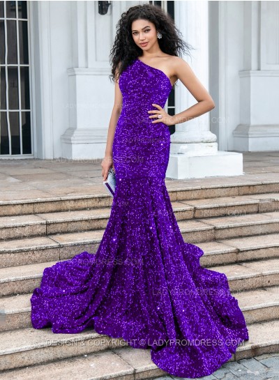 Purple Mermaid Sequence One Shoulder Long Prom Dresses 2025